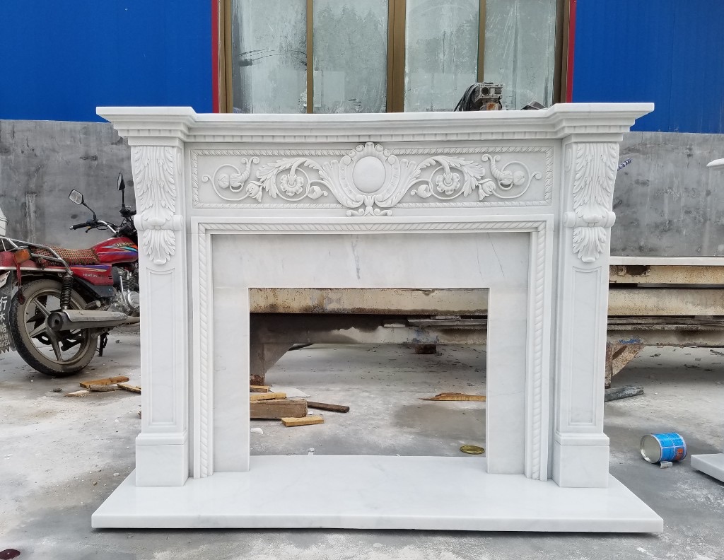 Neoclassical laurel wreath white marble fireplace surround