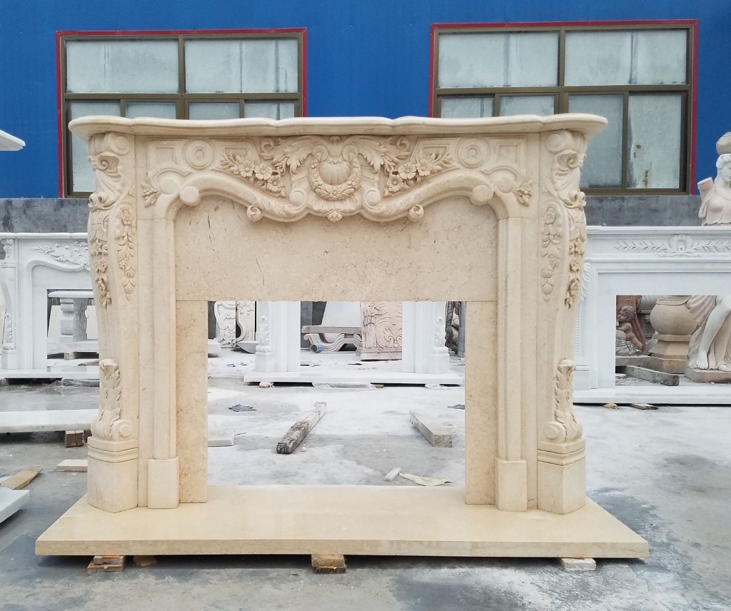 Shell scroll white marble mantel with Rococo floral relief carving