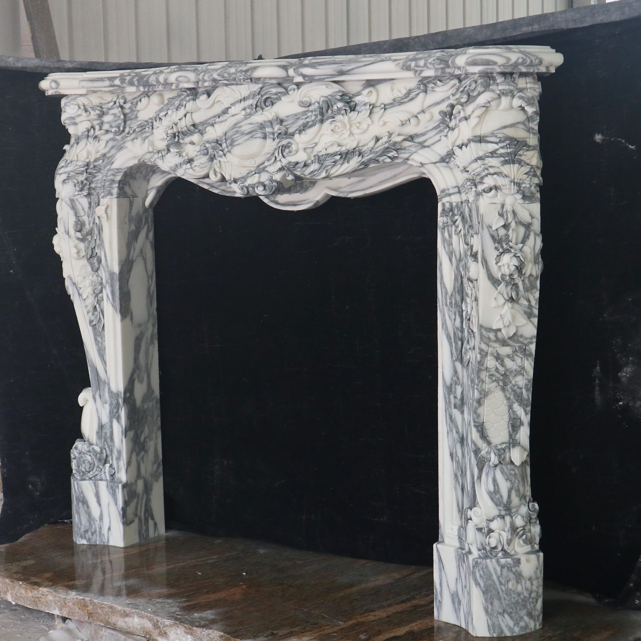 High end Italian Arabescato carved marble fireplace — image 1