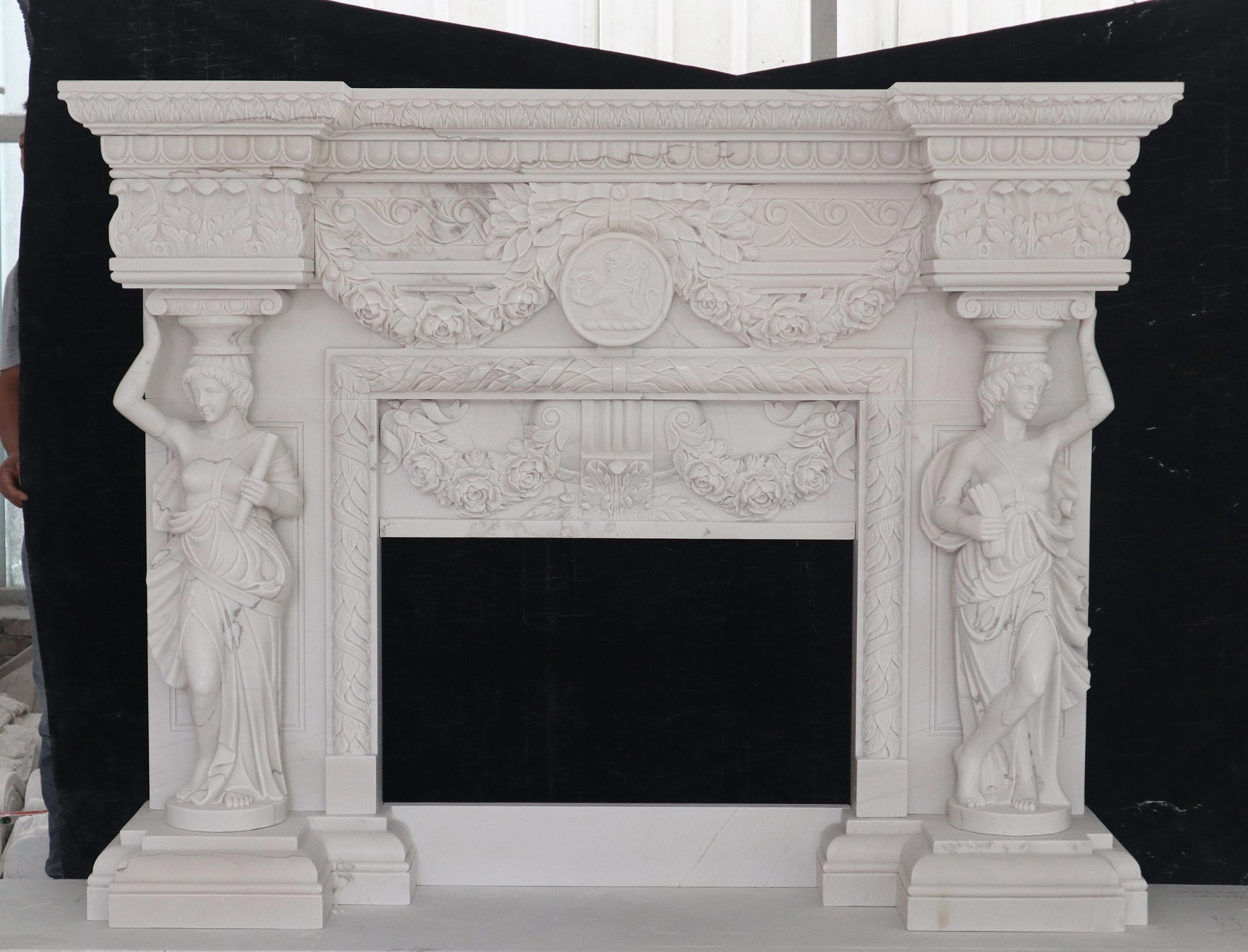Standing ladies and flower hand carved white marble fireplace customized — image 10
