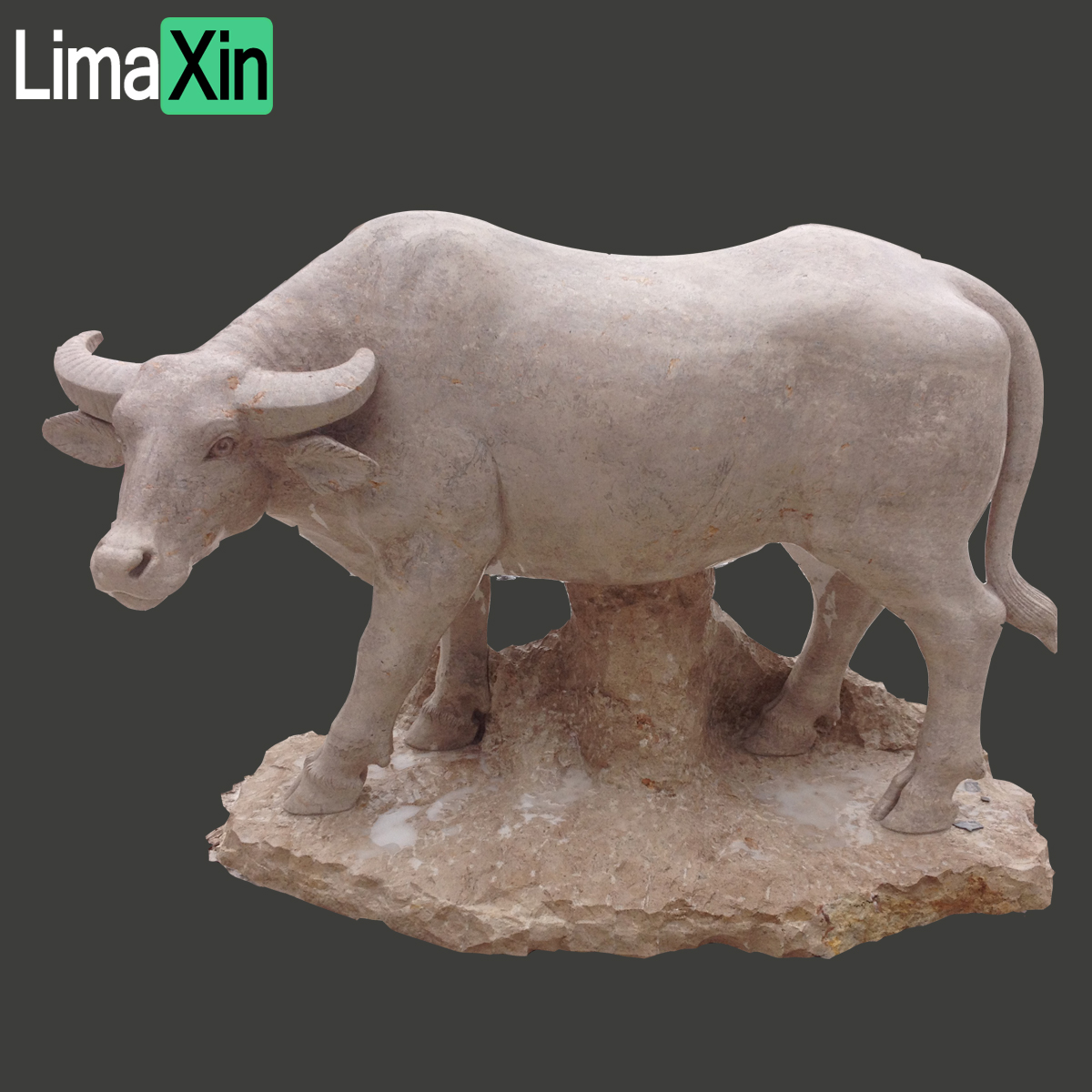 Hand carved life size natural travertine stone buffalo sculpture